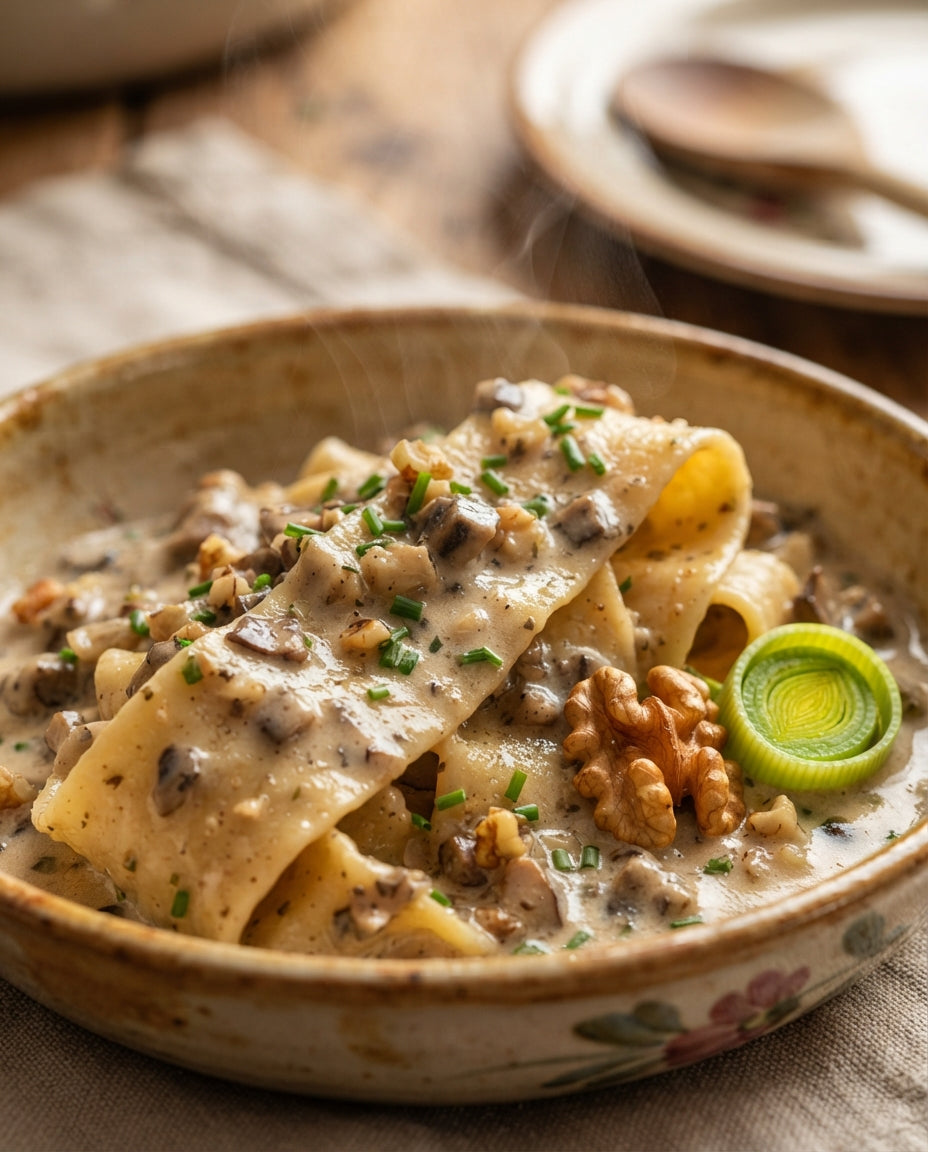 Steinpilz-Tagliatelle mit Lauch-Rahm und Baumnüssen – Detailaufnahme