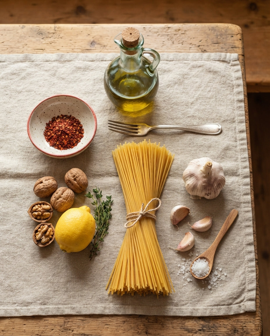 UrDinkel-Spaghetti aglio e olio mit Baumnüssen – Zutaten