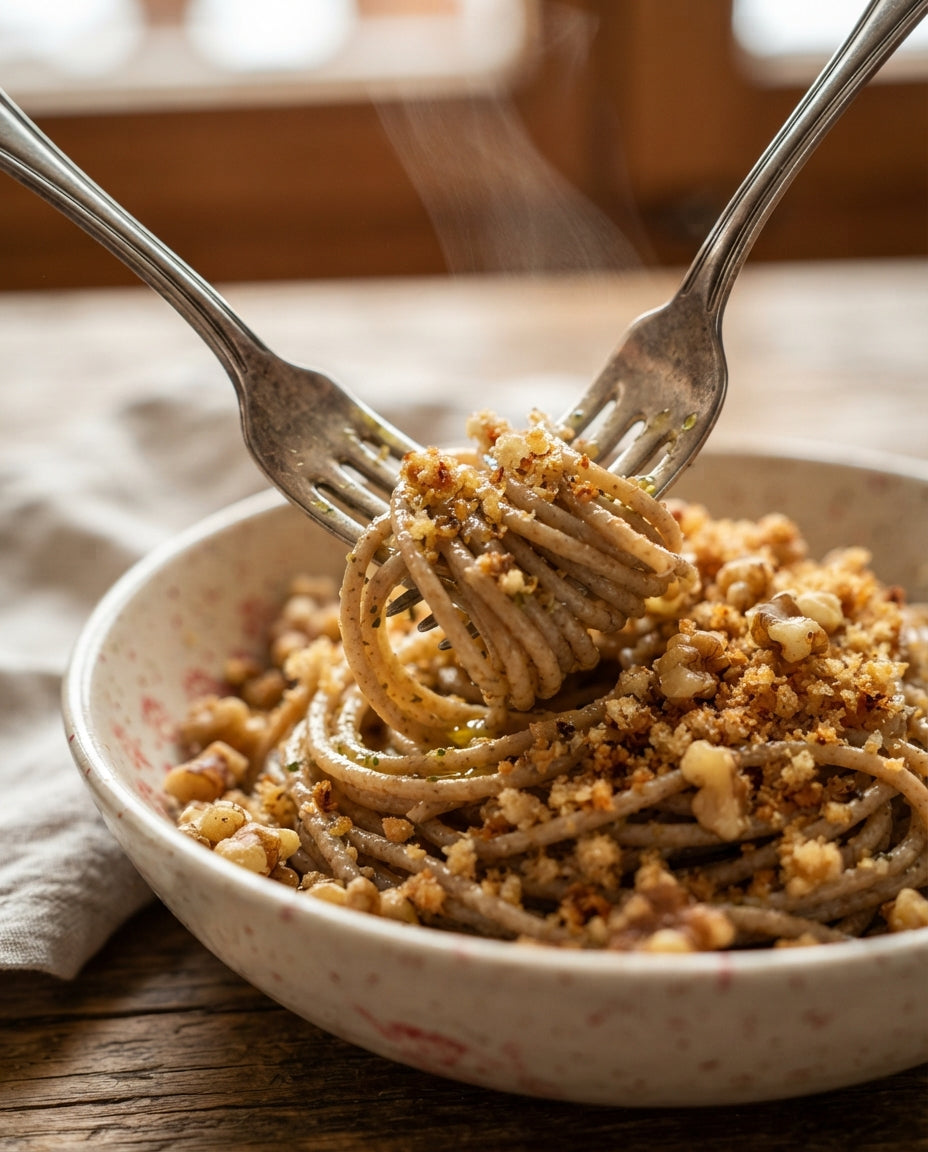 UrDinkel-Spaghetti aglio e olio mit Baumnüssen – Detailaufnahme