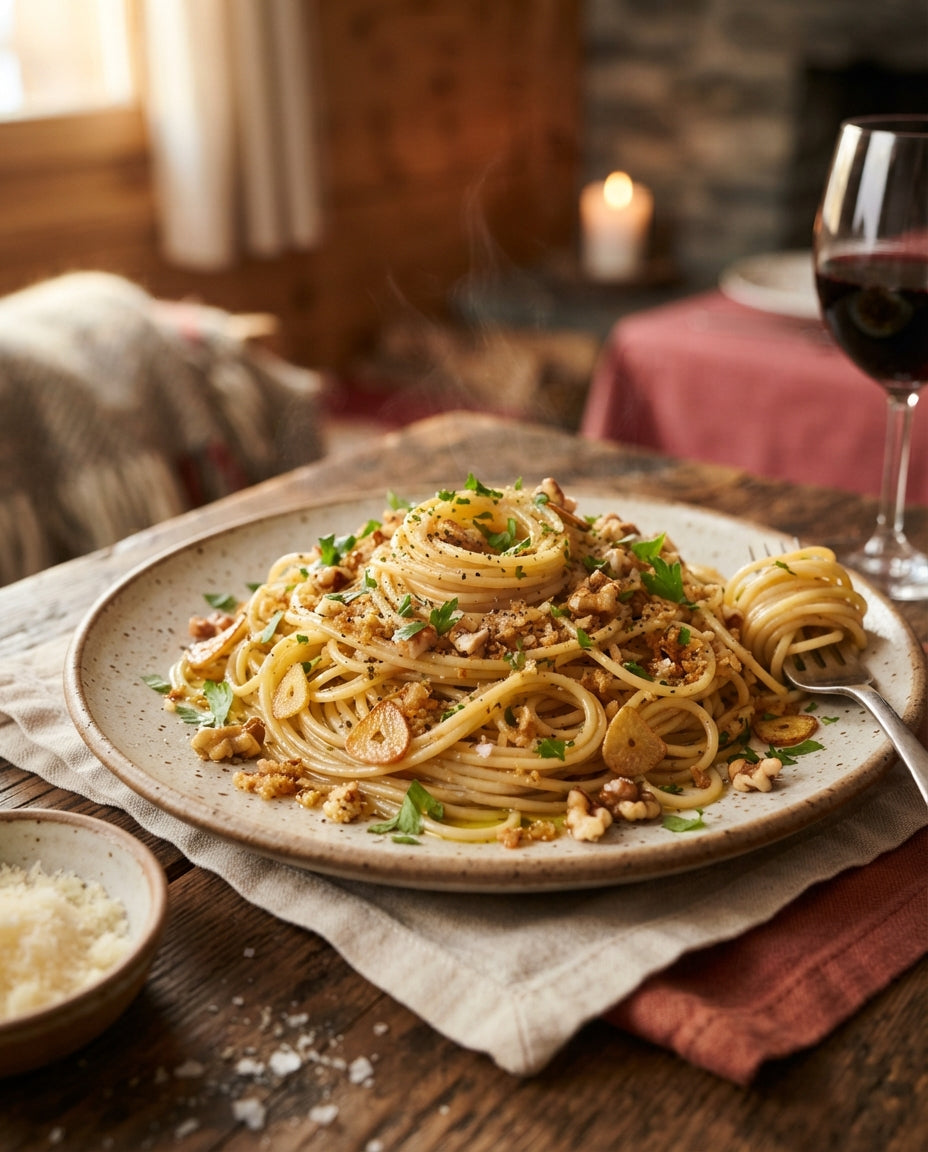 Rezept: UrDinkel-Spaghetti aglio e olio mit Baumnüssen