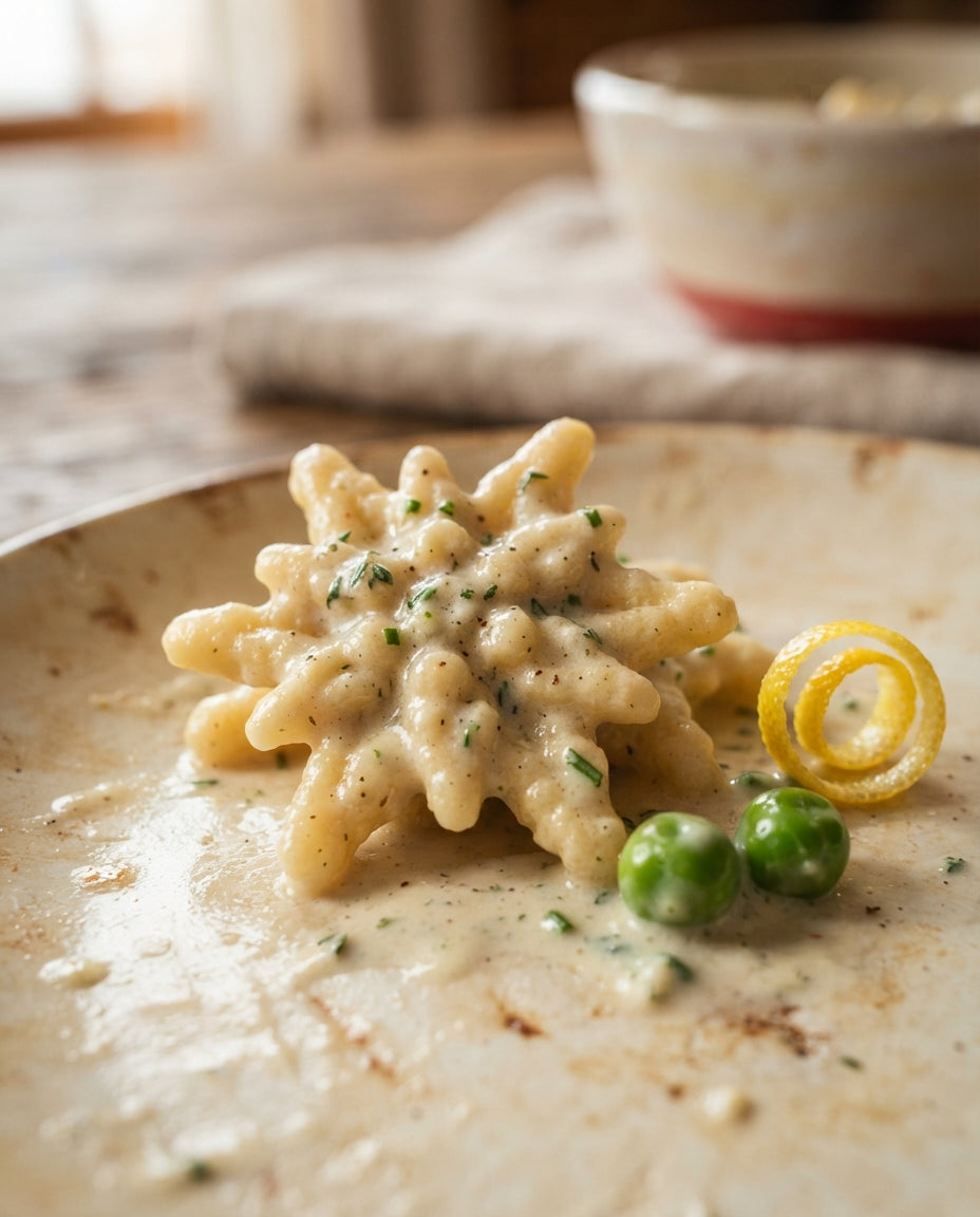 Edelweissli mit Zitronen-Ricotta und Erbsen – Detailaufnahme
