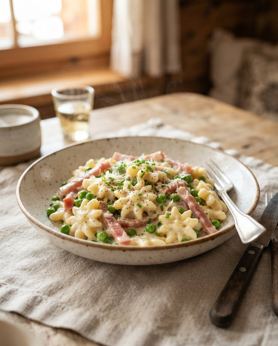 Rezept: Edelweissli-Blumenwiese mit Erbsli und Schinken