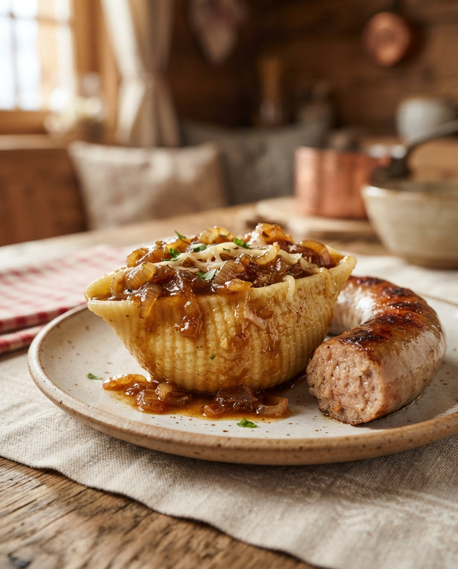 Gletscher-Hüetli mit Bratwurst-Zwiebelsauce – Detailaufnahme