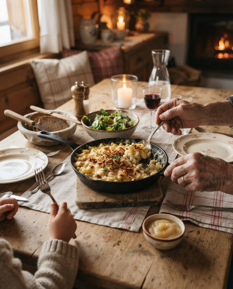 Gletscher-Hüetli mit Bratwurst-Zwiebelsauce – gemeinsam am Tisch