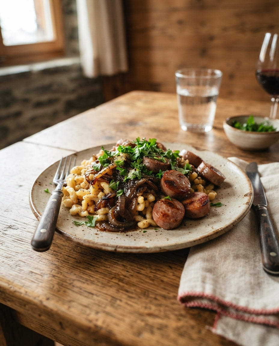 Rezept: Gletscher-Hüetli mit Bratwurst-Zwiebelsauce