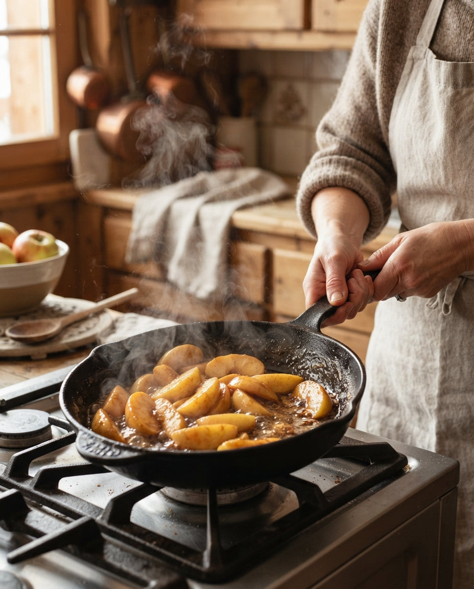 Sennen-Hörnlipfanne mit Speck und Bratapfel – Zubereitung