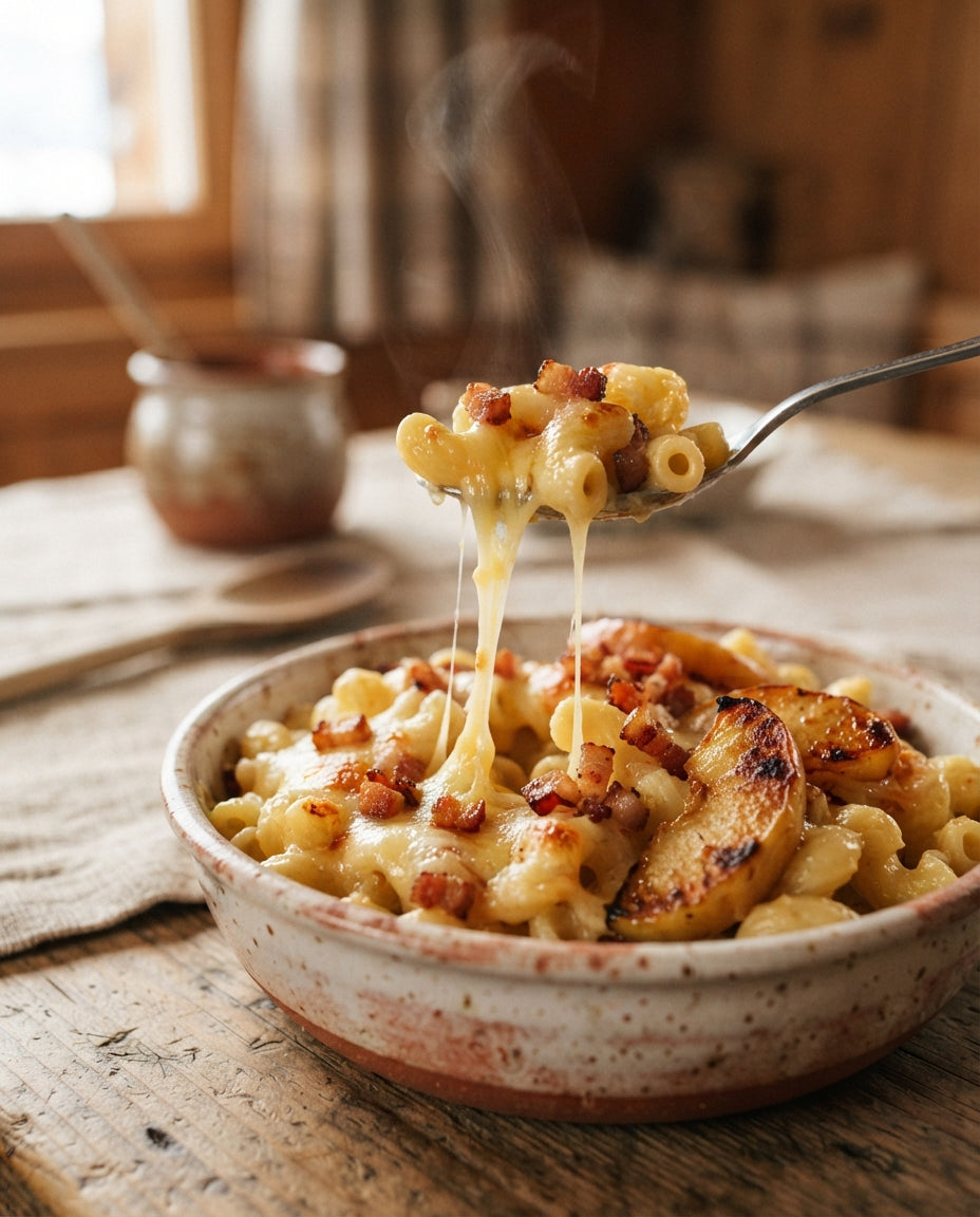 Sennen-Hörnlipfanne mit Speck und Bratapfel – Detailaufnahme