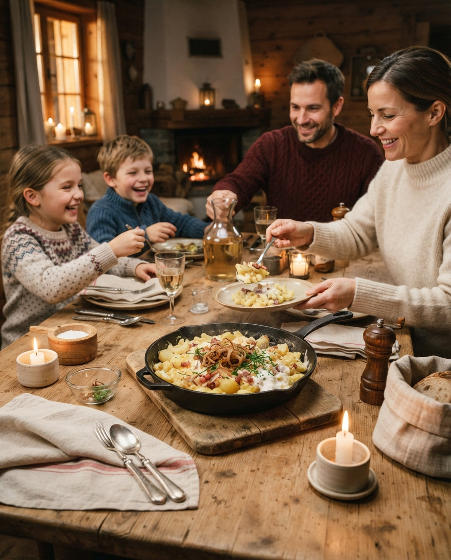 Sennen-Hörnlipfanne mit Speck und Bratapfel – gemeinsam am Tisch