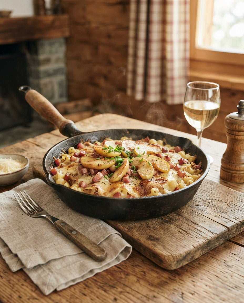 Rezept: Sennen-Hörnlipfanne mit Speck und Bratapfel