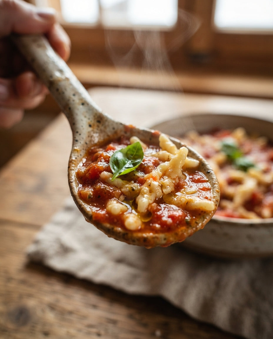 One-Pot-Pasta mit Cherrytomaten und Basilikum – Detailaufnahme